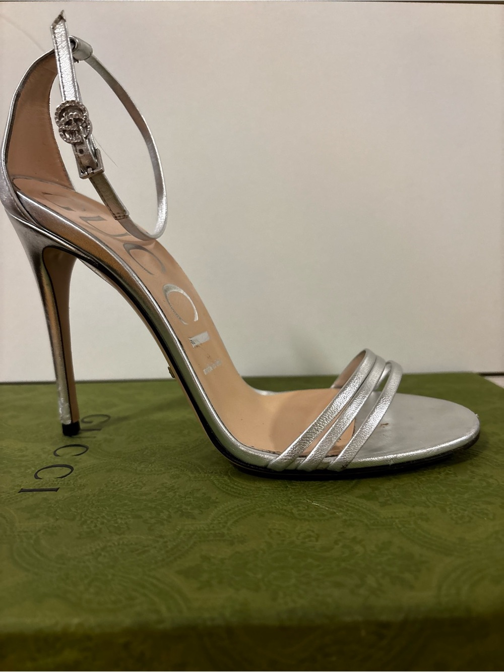 Gucci Silver Metallic Stiletto Ankle-Strap Sandal